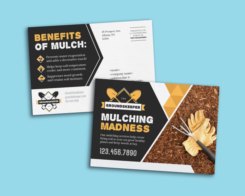 Mockup image of a postcard for a mulching business. The logo consists of two shovels and a large image of some mulch with gardening gloves. It highlights the benefits of mulch.