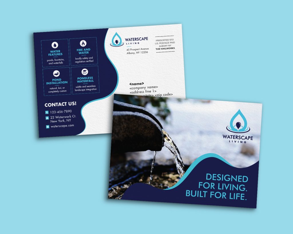 Mockup image of a postcard for a waterscape company. The postcard has images of water and graphic waves throughout the composition. The color palette is mainly blue. 