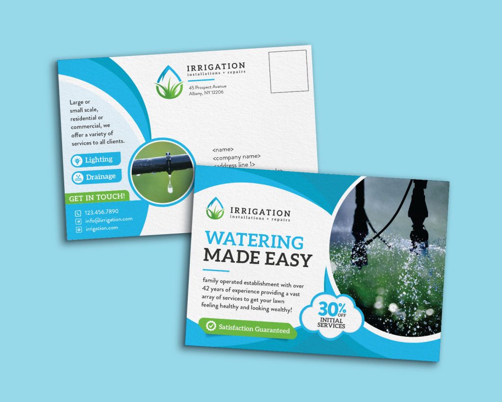 Mockup image of a postcard for a lawn water system company. The color palette is mainly blue and green with a discount for initial services. There are images of sprinklers and pipes.