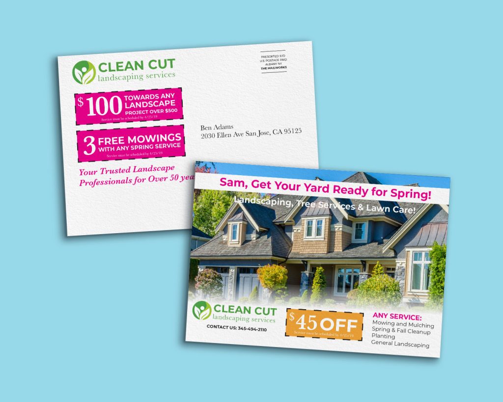 Mockup image of a postcard for a landscaping company. It has an image of a beautiful house with an offer for a discount off of any service. Exclusively for spring