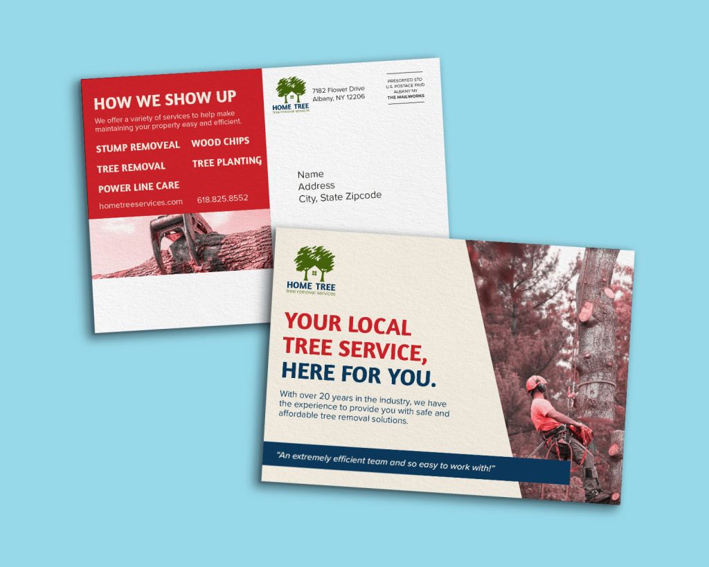 Mockup image of a postcard for a tree service company. It contains images of trees and people cutting down trees. 