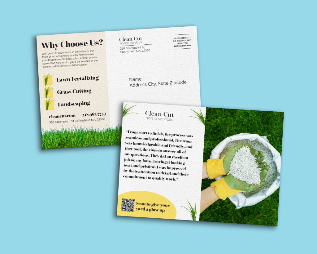 Mockup image of a postcard for a lawn care business specializing in fertilizing, grass cutting and landscaping. The color palette is green and yellow with an image of hands holding grass seed.