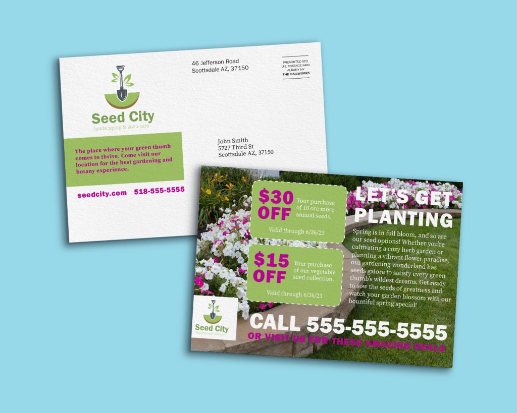 Mockup image of a postcard for a seed and gardening business. There are two offers for vegetable and annual seeds with a large image of a backyard with flowers. 