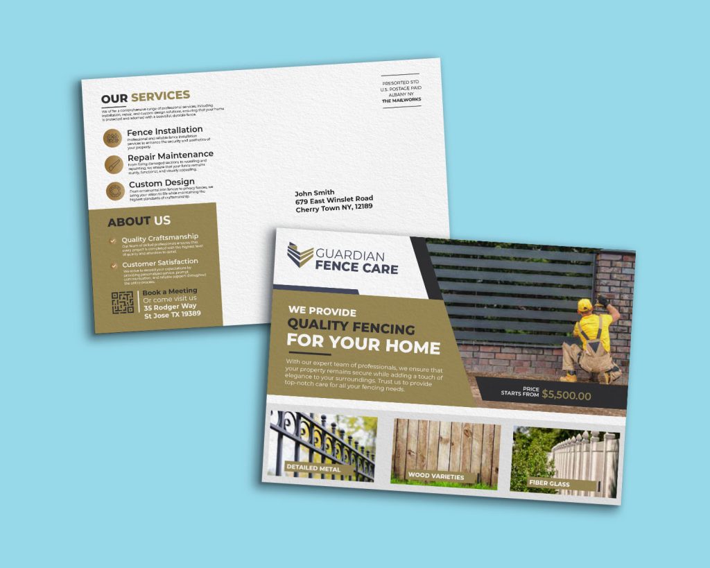 Mockup image of of a postcard for a fencing business. The composition is very angular and highlights different types of fences that the business offers.