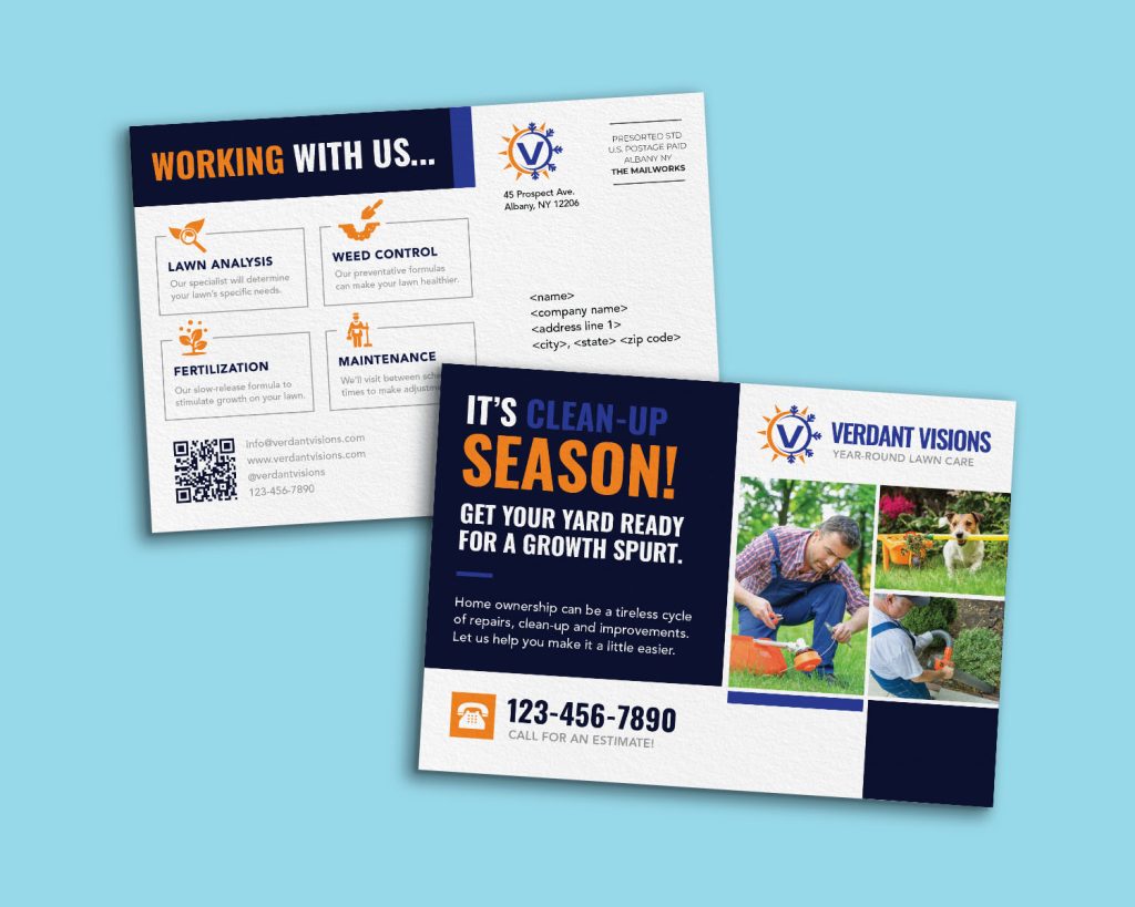 Mockup image of a postcard for a lawn care business. The postcard highlights spring clean up and maintenance. The composition is mostly orange and blue. 