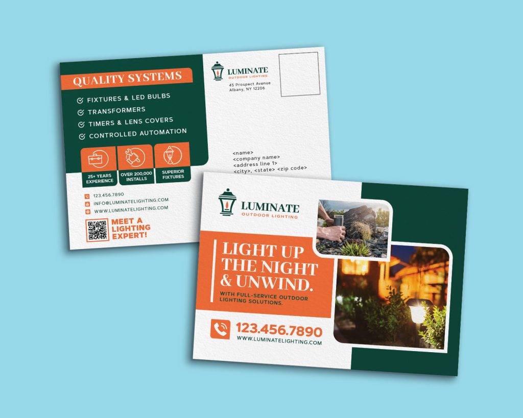 A mockup image of a postcard for an outdoor lighting company. The main color palette is orange and green with photographs and icons of professional outdoor lighting.