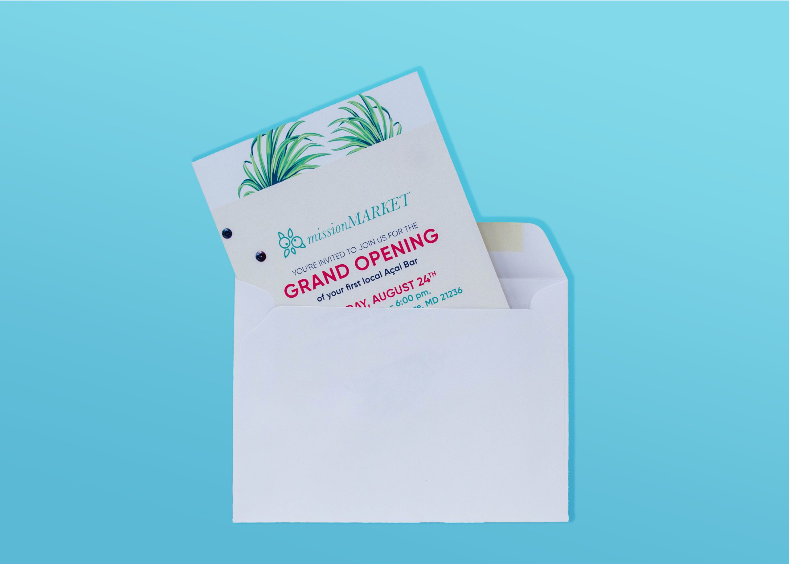 image of a grand opening invitation against a light blue background